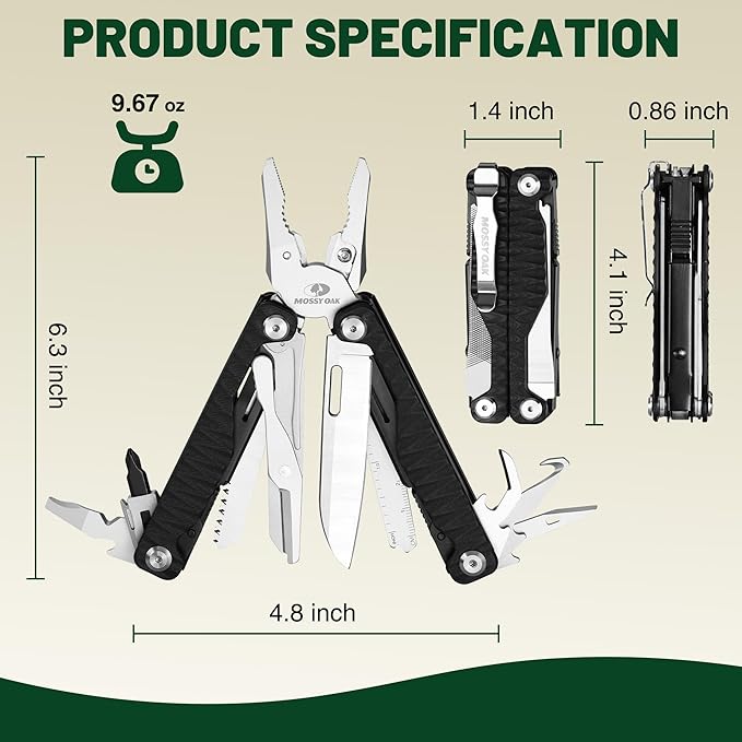 MOSSY OAK Multitool, 17-in-1 EDC Multi Tool with CNC-Machined Steel Pliers, G10 Anti-Slip Handle, Nylon Sheath & Belt Clip – Durable MultiTool for Camping, Hiking, Hunting, Survival, and Everyday Use