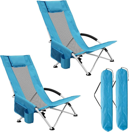 ptlsy Beach Chairs for Adults 2 Pack, High Back Folding Beach Chairs, Lightweight and Portable for Outdoor, Beach, Camping, Lawn, Music Festival, with Cup Holder