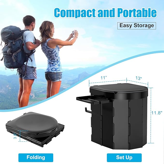 Portable Camping Toilet with PU Cushion, Folding Toilet for Adults with Phone Shelf and Toilet Paper Holder, Camping Porta Potty with Lid for Camping, Hiking, RV Travel, Road Trips