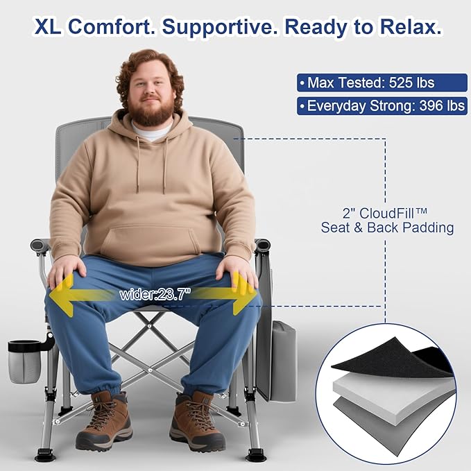 XL Heavy Duty Camping Chair 396lb Capacity (525lb Max) – Waterproof 1680D Oxford Fabric, 2" Padded Seat & Back, Cup Holder, Cooler Pocket, Portable for Camping, Beach & Tailgating (Onyx Black)