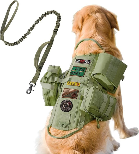 AIWAI Tactical Dog Harness with Pouches,Dog Vest Harness for Large Medium Dogs No-Pull Adjustable Military Dog Harness with Handle Walking Hiking Training (Army Green(with Leash), L)