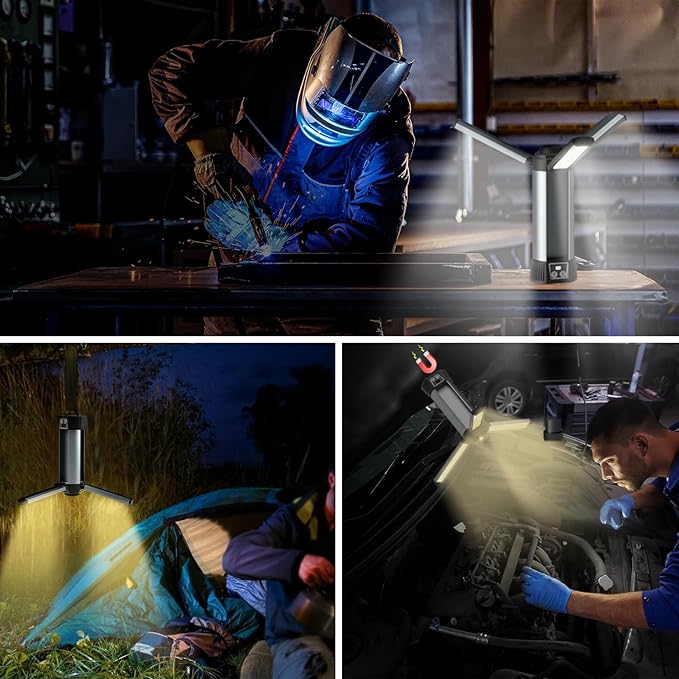 Rechargeable Work Light: Dimmable 6ah Camping Light - Cordless Work Lights 3 Page Head 500/1000/2000 Lumen for Outdoor Use Includes Magnet & Hook(No Stand)