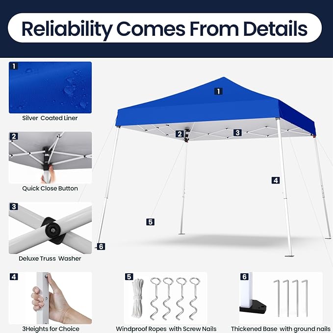 10x10 Pop Up Canopy, 300D Silver Coated Blue Fabric Outdoor Gazebo, Beach Tent Slant Legs with Storage Bag,Easy Up Sun Shade Shelter Tents with 8x8 Top Cover for Patio,Party