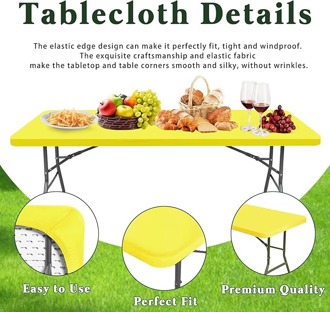 6 Pack Picnic Table Cover Fitted Tablecloths 8 Foot Rectangle Tables Elastic Waterproof Stretch Washable Patio Folding Outdoor Spandex Table Cloth for Camping Banquet and Parties (Yellow,30" x 96")