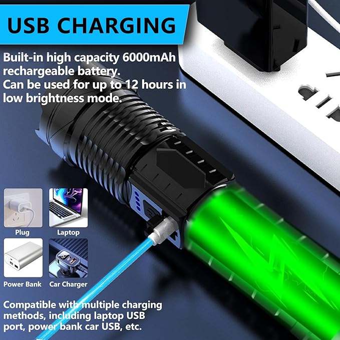 Rechargeable LED Flashlights, 90,000 Lumens Super Bright Handheld Flashlight, 7 Modes with COB Work Light, IPX6 Waterproof, Adjustable Tactical Flash Light for Home,Camping and Emergencies-2 Pack