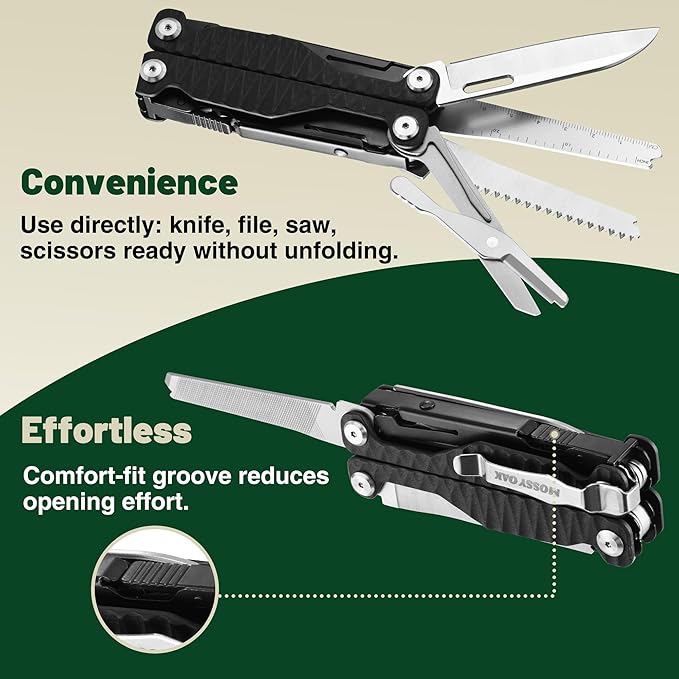 MOSSY OAK Multitool, 17-in-1 EDC Multi Tool with CNC-Machined Steel Pliers, G10 Anti-Slip Handle, Nylon Sheath & Belt Clip – Durable MultiTool for Camping, Hiking, Hunting, Survival, and Everyday Use