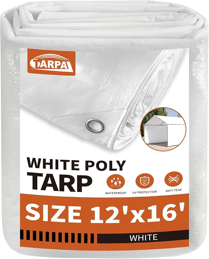 TARPAL 12'x16' White Tarp Waterproof 7.5 mil Medium Duty All Purpose Poly Tarps Cover Waterproof,Snow Proof UV Protection,Rip and Tear Proof,Poly Tarpaulin