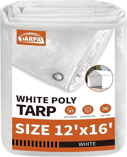 TARPAL 12'x16' White Tarp Waterproof 7.5 mil Medium Duty All Purpose Poly Tarps Cover Waterproof,Snow Proof UV Protection,Rip and Tear Proof,Poly Tarpaulin