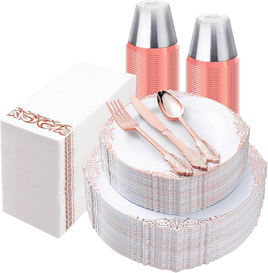 350PCS Rose Gold Plastic Plates for 50 Guests, Disposable Dinnerware Set Includes 100 Disposable Plates, 150 Rose Silverware, 50 Cups, 50 Napkins for Party, Wedding