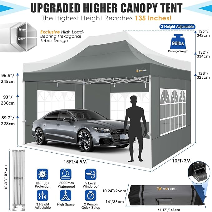 HOTEEL Canopy Tent 10x15 Heavy Duty Pop Up Canopy with Sidewalls, Party Tent with Roller Bag for Event Wedding, Upgraded Commercial Waterproof Instant Canopy, Thick Hexagonal Legs, UPF50+, Gray