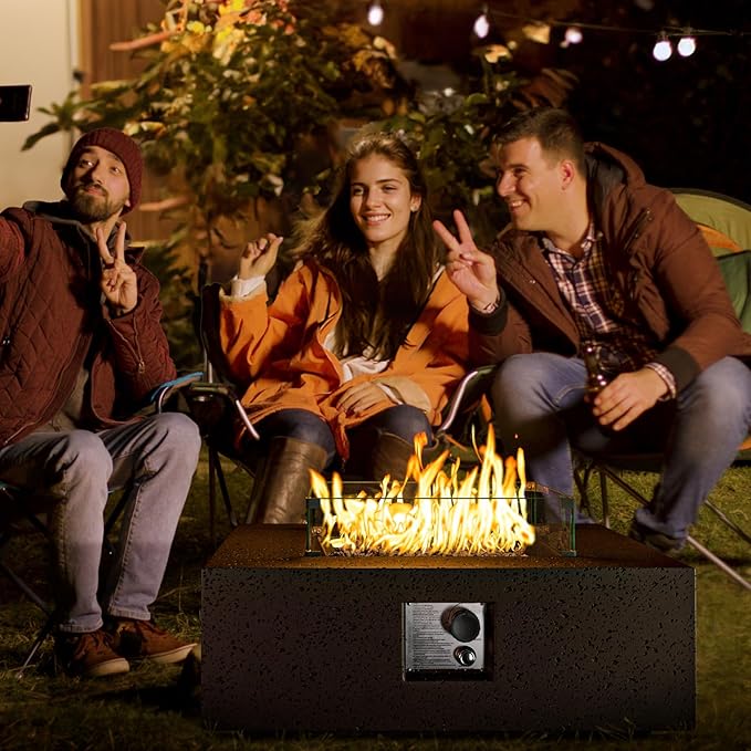 COSIEST Outdoor Propane Fire Pit Coffee Table w Square Faux Stone 35-inch Base, CSA Certified, 50,000 BTU Stainless Steel Burner, Free Lava Rocks and Rain Cover, Wind Guard, Brown