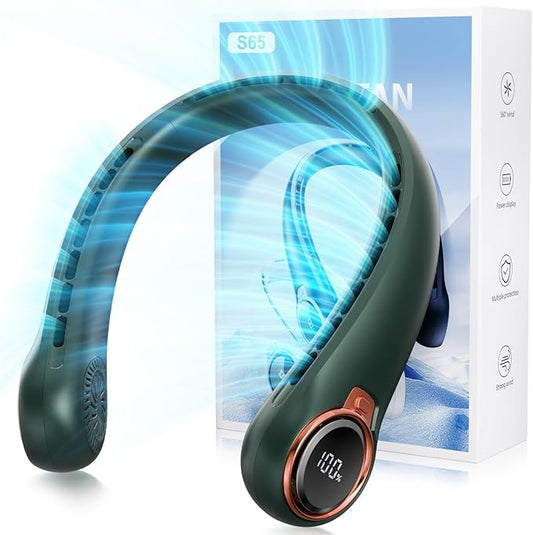 Portable Neck Fan with 6000mAh USB - Rechargeable Battery, 360° Cooling Wearable Fan, 3 Speeds, Ultra-Light Bladeless Neck Fan LED Display (Green)