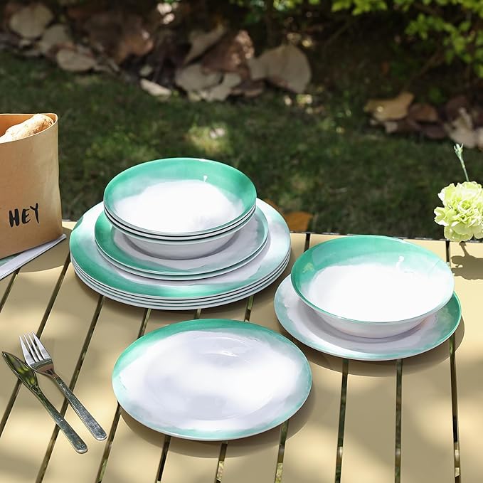 Melamine Dinnerware Sets, 12pcs Plates and Bowls Set, service for 4, Dishwasher Safe, Indoor and Outdoor Use, Green Melamine dishes