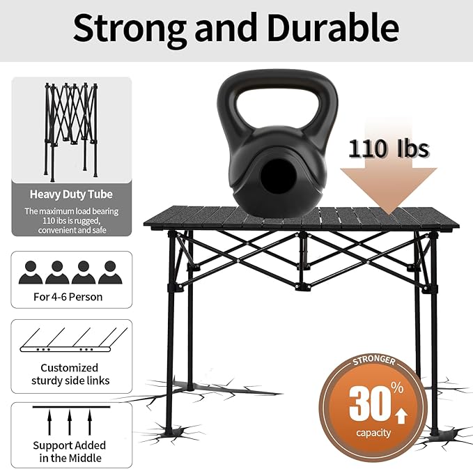 SHANQUAN Folding Camping Table, 46.5 × 21.7 Inches Portable Camp Table Aluminum Fold Up Lightweight Roll Up Table Adjustable Height with Carry Bag for Camping, Picnic, Backyard, BBQ, Patio, Black