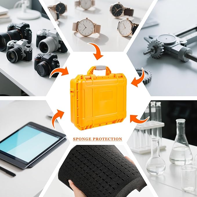 8.5 x 6.5 x 3.7 Inch Waterproof Hard Case with DIY Customizable Foam Insert Portable Protective Case with Knife for Camera Drones Equipments Tools Test Instruments (Orange)