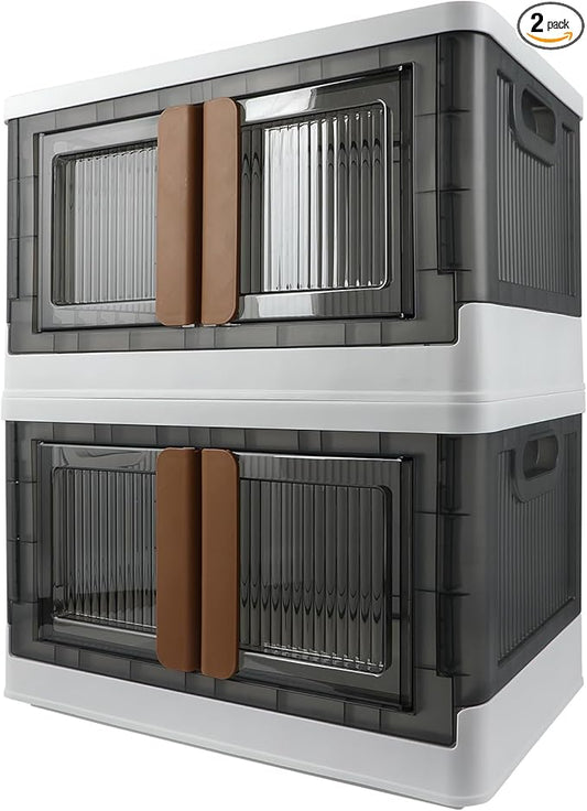Storage Bin, Cabinet with Lids, Home Organizer, Single 8.4 Gallon Capacity, 2 Pack, With Double Door, Bottom Wheels, Foldable, Transparent, Dustproof