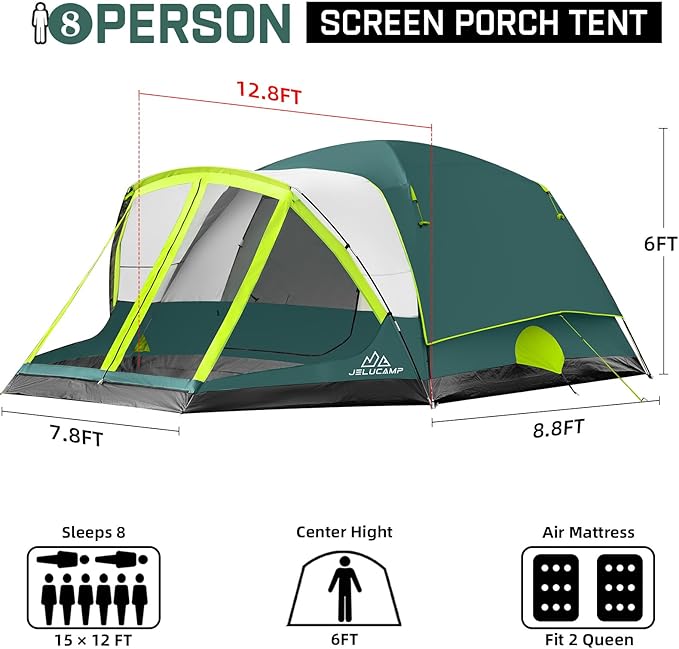 6/8 Person Large Waterproof Family Tents for Camping, Screened Camping Tent with Screen Porch, Bug-Free Relaxation & Easy Setup, Includes Rainfly & Carry Bag