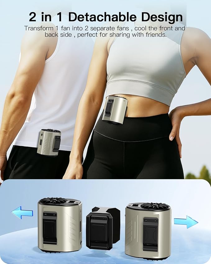 Andwing Portable Waist Fan Rechargeable, Detachable Dual Motors Personal Fans 5 Speeds 20000RPM Strong Airflow, 10000mAh 24H Runtime, Portable Neck Fan, Waist Belt Clip Fan (Grey&Black)