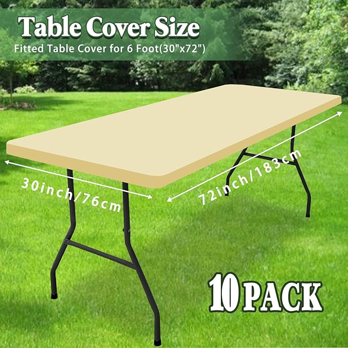 6 Foot Picnic Table Cover Fitted 10 Pack Elastic Outdoor Tablecloths for Rectangle Table Waterproof Stretch Washable Patio Folding Spandex Tablecloth for Camping Banquet Parties (Champagne,30" x 72")