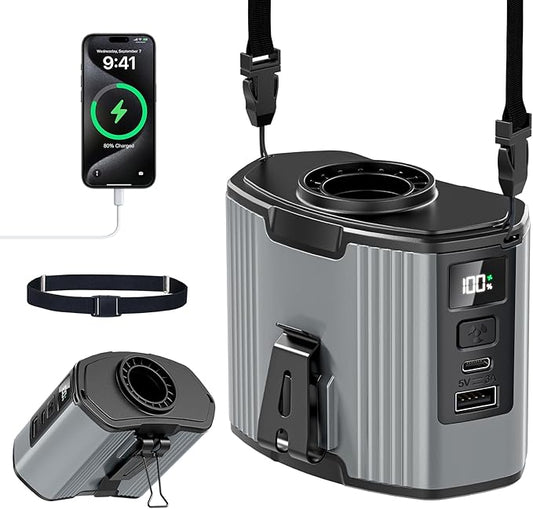 12000mAh Portable Waist Fan Clip on-10 Speeds Under Shirt Fan, Max 40Hrs Runtime Belt Clip Fans Rechargeable, 17000RPM High Speed Turbo Motor, Body Fans for Men Outdoor, Jobsite, Farming Work, Grey