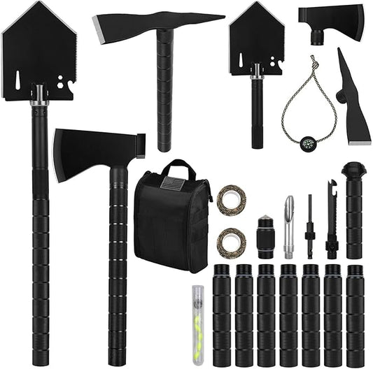 IUNIO Survival Off-Roading Tool Kit, 19 in 1 Folding Shovel, Camping Axe, Multitool, Pickaxe, with Carrying Bag, for Outdoor, Car Emergency (Upgrade Black)