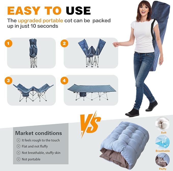 Oversize Cots 2 Pack XXL Camping Cot with Mattress Extra Large Folding Cot Heavy Duty Comfortable Cots for Sleeping Guest Bed Includ Carry Bag Easy to Set Up Home Indoor Outdoor Vacation