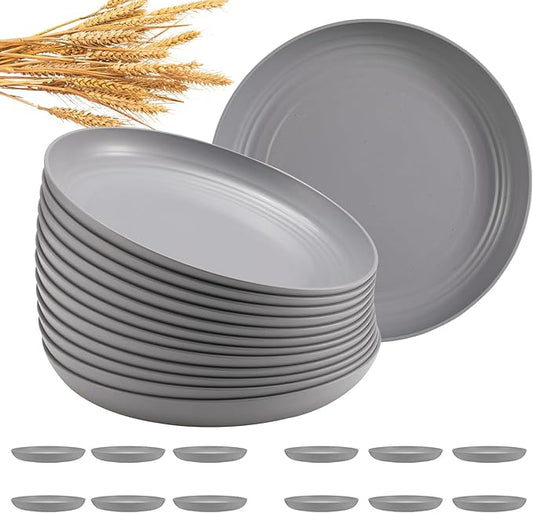12 Pcs Unbreakable Deep Dinner Plates Set, 10 inch Reusable Plastic Wheat Straw Plates, Microwave and Dishwasher Safe Plate for Kitchen, Lightweight Plate for Dessert, BPA Free, Gray