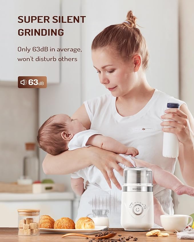 SHARDOR Electric Super Silent Blade Coffee Grinder, Timed Grind Control Rotary Knob, Adjustable Coarse to Fine for Coffee Beans, Spices & Herbs, with 1 Removable Stainless Steel Bowl, Cream