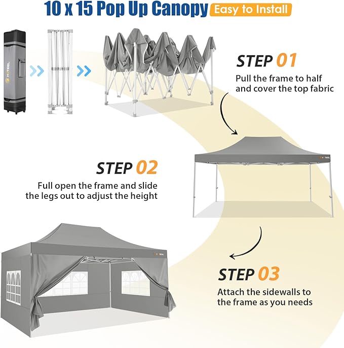 HOTEEL 10x15 Pop up Canopy Tent for Parties, Heavy Duty Easy Setup Tent with 4 Sidewalls, Outdoor Commercial Instant Gazebo for Wedding Event, with Roller Bag & Sand Bags, Grey(Hexagonal Frame)