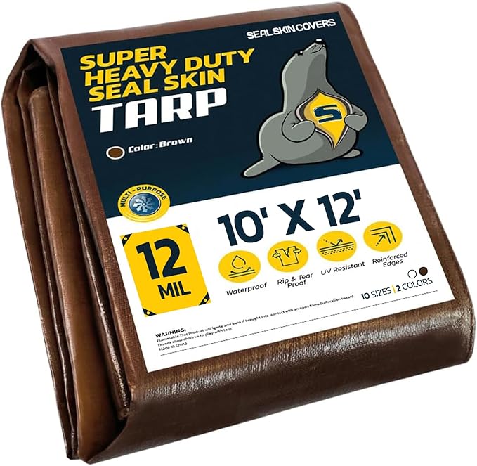 Seal Skin Covers Heavy Duty Waterproof Tarp 10x12 FT, 12 Mil 8 OZ 120 GSM Thick Brown Poly Tarp with Rustproof Grommets, Tear-Proof Cover with Reinforced Edges for Camping, Pool, Canopy Use