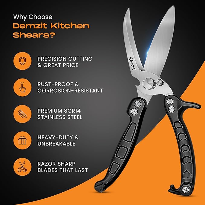 Poultry Shears Heavy Duty Professional, Kitchen Shears for Food, Kitchen Scissors Heavy Duty, Food & Meat Scissors, Dishwasher Safe Chicken Cutters. Spring Loaded, Black