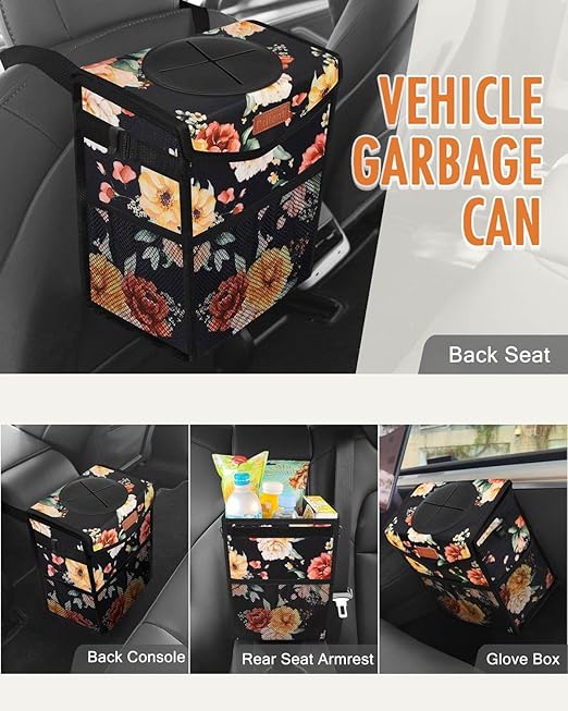 Car Trash Can with Lid, Cute Leakproof Car Trash Garbage Bag Hanging Vehicle Trash Bin Small Portable Automotive Garbage Cans Organizer for Back/Front Seat/Console(2.8 Gallons,Rose)