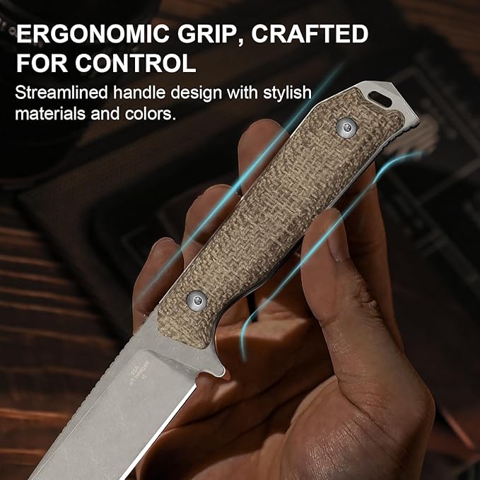 Kizer Begleiter Fix Fixed Blade Knife, 3.78" Drop Point 3V Blade Hunting Knives with Kydex Sheath, Brown Burlap Micarta Handle EDC Knife for Camping Hunting Survival 1045MD1