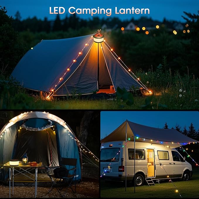 2 Pack Camping Lights String - 2 in 1 Upgraded 32.8ft Rechargeable 19 Lighting Modes Tent Lights for Camping, Quick Storage&Portable LED Lamp for Outdoor Patio Awning Garden Party Decor Essentials