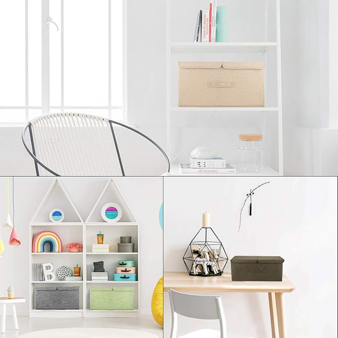 2 Pack Large Storage Boxes with Lids and Handles, Collapsible Linen Storage Bins Organizer Containers Baskets Cube with Removable Divider for Home Bedroom Closet Office (Coffee, Large)