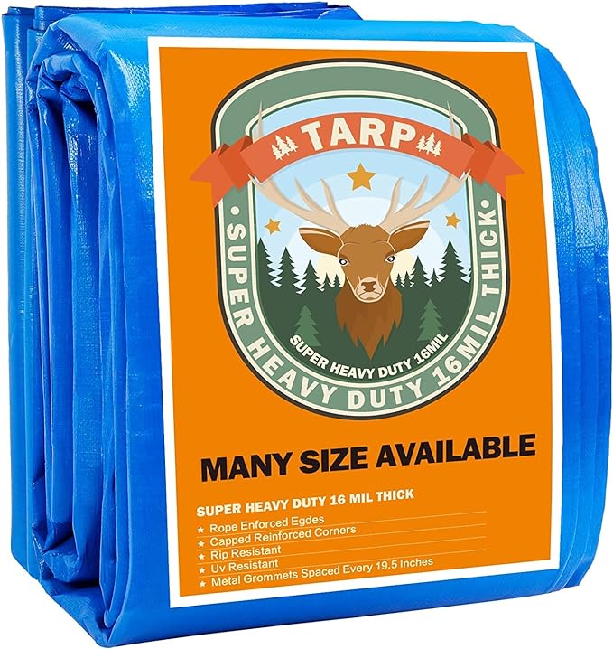 Small Tarp, Tarps Heavy Duty Waterproof 6x8, Waterproof Plastic Poly 16 Mil Thick Tarpaulin with Metal Grommets Every 19.5 Inches - Emergency Rain Shelter, Outdoor Cover, and Camping Use