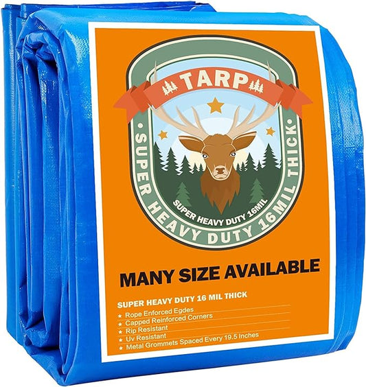Small Tarp, Tarps Heavy Duty Waterproof 6x8, Waterproof Plastic Poly 16 Mil Thick Tarpaulin with Metal Grommets Every 19.5 Inches - Emergency Rain Shelter, Outdoor Cover, and Camping Use