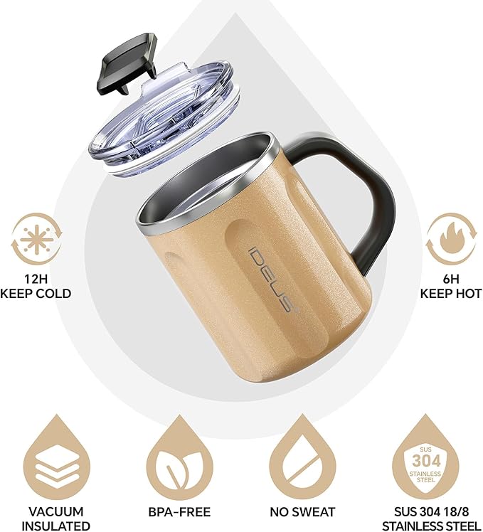 Ideus 16 oz Coffee Cup, Stainless Steel Coffee Travel Mug, Spill Proof Tea Mug with Handle and Lid, Lightweight and Durable, Great for Office Home and Outdoor Use, Peach