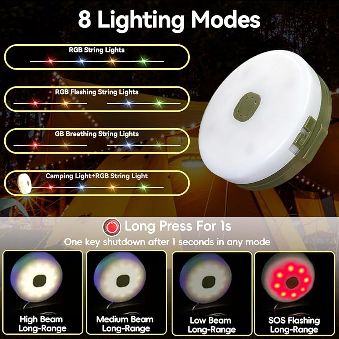 33FT Solar Camping String Lights, Rechargeable String Lights with 8 Modes, Waterproof Outdoor Lights with Delay Closure, Retractable Design & Hooks for Outdoor Patio Awning Garden Party Essentials