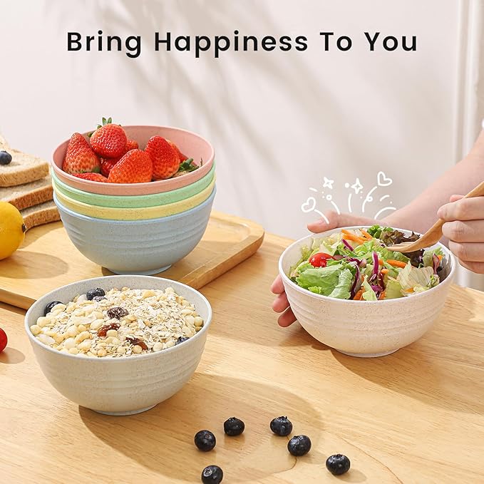PYRMONT Wheat Straw Bowls 26 OZ,Unbreakable Cereal Bowls Set of 6,Dishwasher and Microwave Safe,Reusable Plastic Bowl for Kitchen Serving Soup,Salad,Oatmeal,Ramen,Noodles,Camping