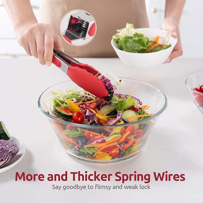600ºF Heat Resistant Kitchen Tong: U-Taste 7 inch Silicone Cooking Tong with Firm Sealed Non Stick Rubber Tips & Silicon Coated 18/8 Stainless Steel Handle & Smooth Locking for Serving Salad (Red)