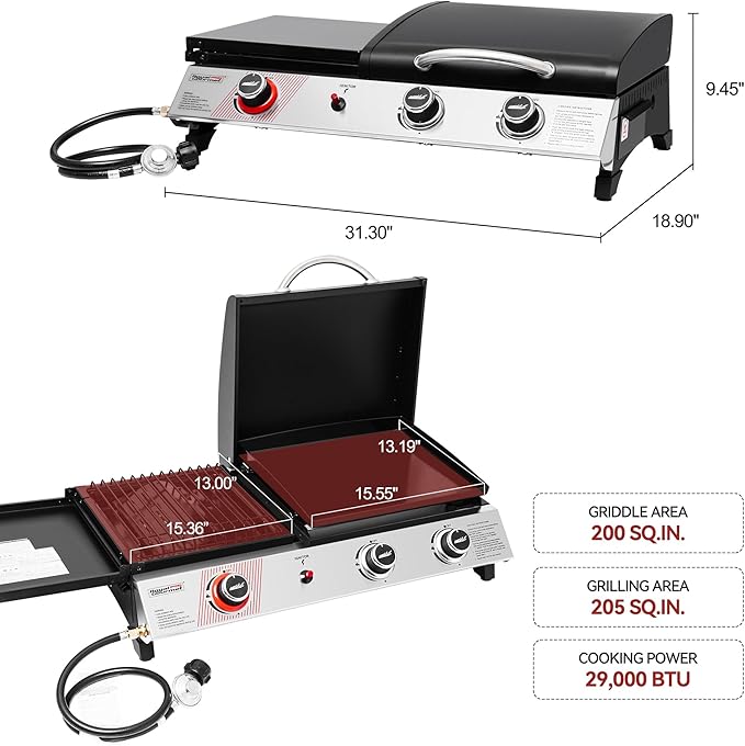 Royal Gourmet PD1305H 3 Burner Propane Gas Grill and Griddle Combo with Lid, 3-in-1 Grill Griddle Combo with 29,000 BTUs Output for Outdoor Cooking, 364 Sq. In. Cooking Area, Silver & Black
