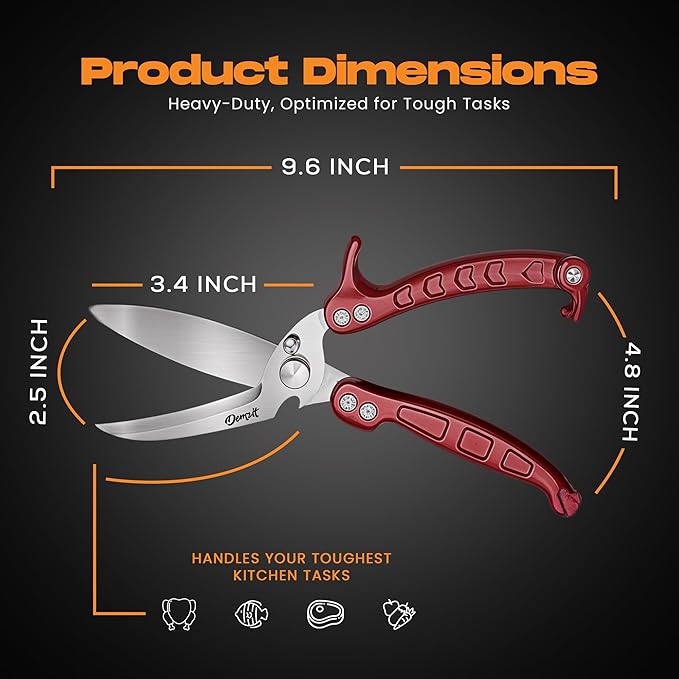 Heavy Duty Poultry Shears – Kitchen Scissors for Meat, Chicken, Turkey, and Vegetables – Non-Slip Handle, Safety Lock, Dishwasher Safe