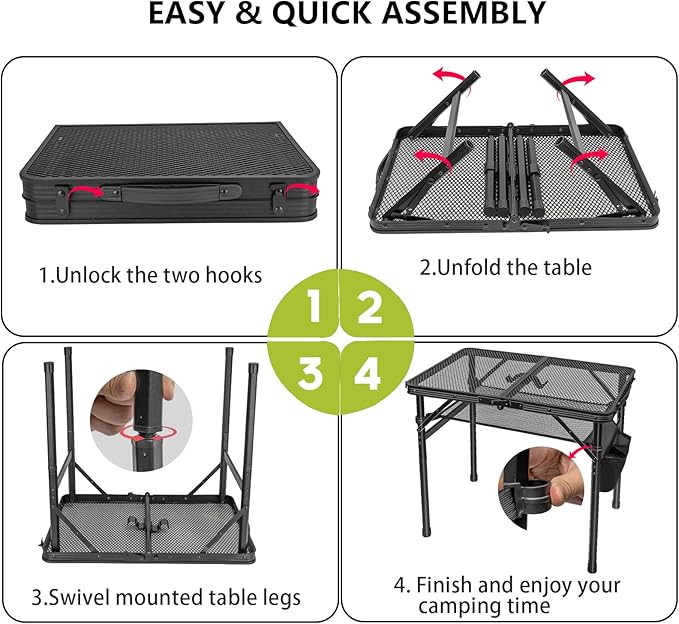 Portable Folding Grill Table, Lightweight Height Adjustable,Camping Picnic Table with Mesh Desktop and Mesh Bag for Outdoor for Picnic,Camping,BBQ,Beach (2 * 1.3FT)