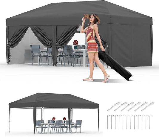10x20 Pop Up Canopy Tent Outdoor Canopy with 6 Removable Sidewalls One-Person Set Up Heavy Duty Commercial Instant Tent Shelter-Gray