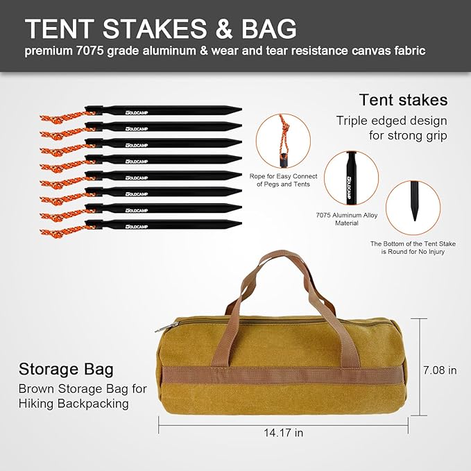 8 Pack Tent Stakes and Hammer with Canvas Storage Bag, Heavy Duty Camping Stakes for Outdoor Tent & tarp-Essential Accessories, Carbon Steel Aluminum Camping Hammer for Hiking Kit
