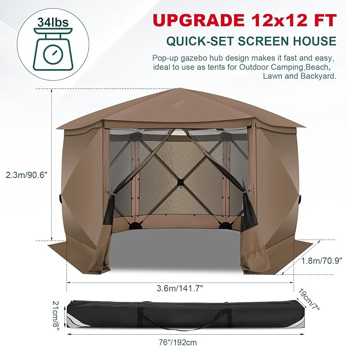 COBlZl 12x12 pop up Gazebo on Clearance Screen Canopy Tent for Camping,Outdoor Instant Stargazing Gazebo,Portable Hub Tent with Removable Sidewalls,Pavilion for Backyard,Brown