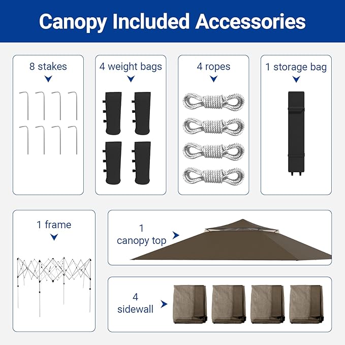 Favofamilie13x13 FT Pop Up Canopy, Instant Setup Gazebo with 4 Sidewall, Wheeled Carry Bag, 4 Sandbags & 4 Ropes, UV-Resistant Top, Heavy Duty Outdoor Shelter for Backyard Camping Events, Brown