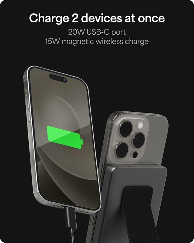 Mophie Powerstation Wireless Slim with Stand 5,000mAh Power Bank – MagSafe Compatible, 15W Qi2-Certified, 20W USB-C PD Fast Charging, Ultra-Thin Battery Pack for iPhone, Android, Travel & Airplane Use