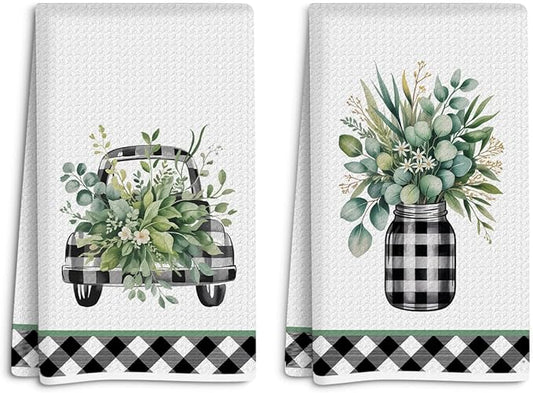 2 Pcs Buffalo Plaid Eucalyptus Leaf Printed Kitchen Towels, Sage Green Absorbent Decorative Waffle Weave Hand Towel Guest Towels, Gifts for Women Friend Sister Birthday Christmas Mothers Day